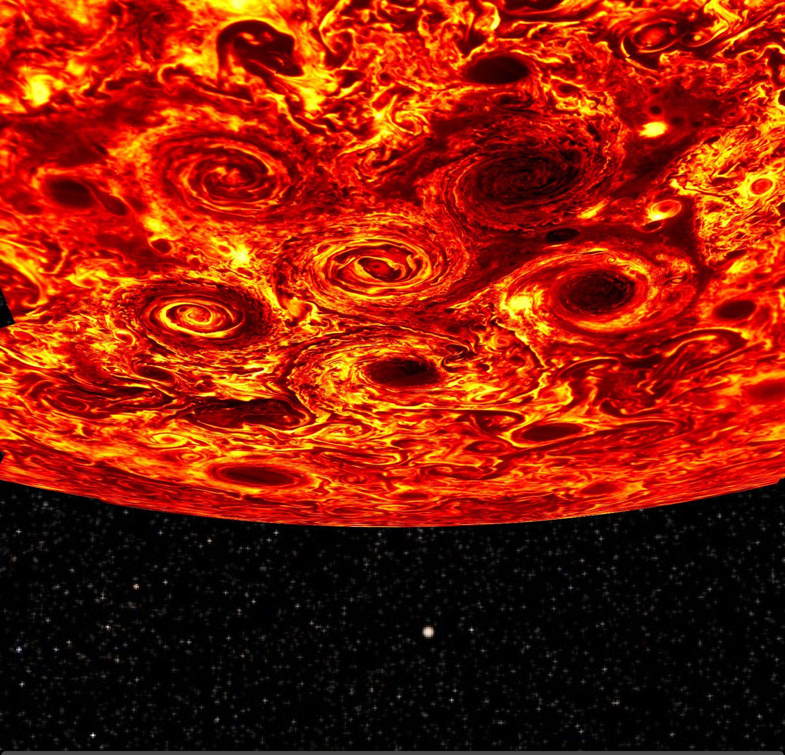 У полюсов Юпитера обнаружены группы циклонов в форме многоугольников